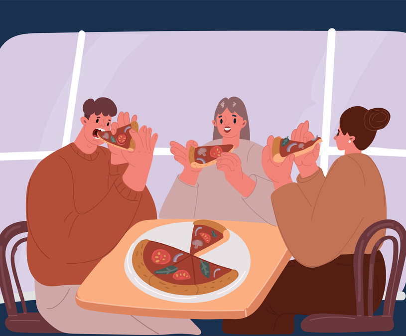 illustratie van 1 man en 2 vrouwen delen een pizza