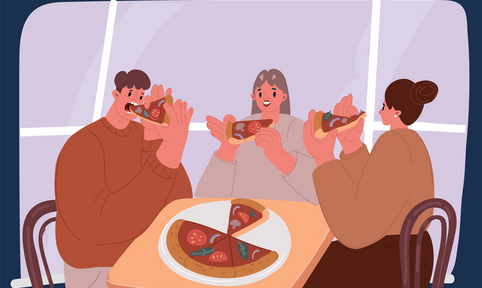 illustratie van 1 man en 2 vrouwen delen een pizza