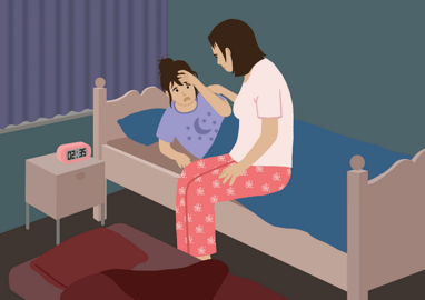 Illustratie van een meisje dat snachts angstig wakker wordt, de moeder zit op de rand van haar bed