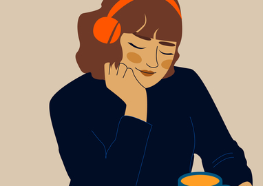 illustratie van een vrouw met een koptelefoon op