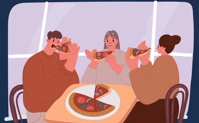 illustratie van 1 man en 2 vrouwen delen een pizza